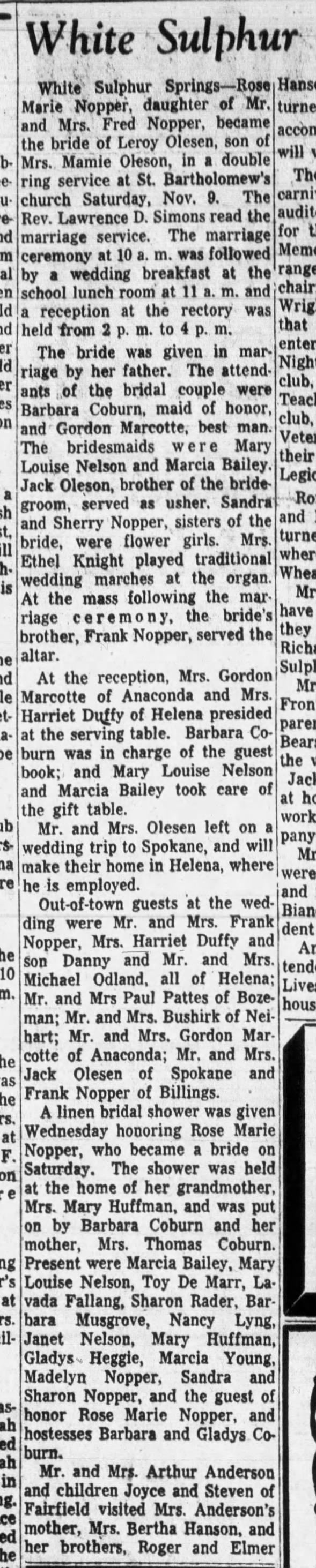 Wedding Leroy and Rose Marie Olesen, mention Mr and Mrs. Gordon Marcotte